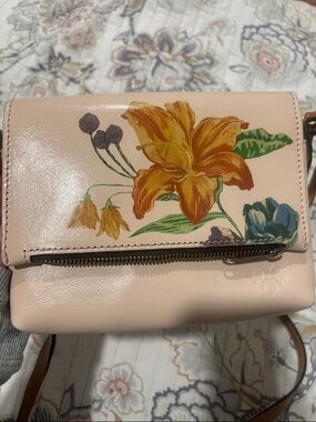 Patricia Nash Leather Pink Floral Crossbody with Brown Strap